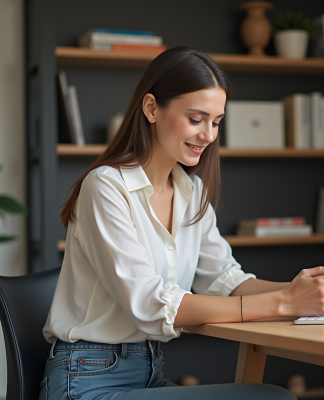 Jeune femme souriante utilisant son smartphone dans un bureau cosy