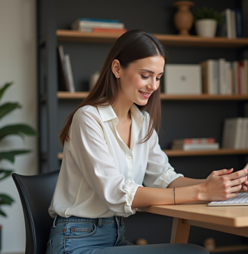 Jeune femme souriante utilisant son smartphone dans un bureau cosy