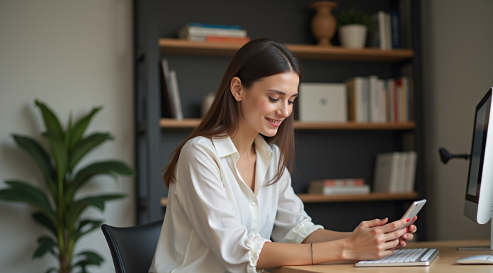 Jeune femme souriante utilisant son smartphone dans un bureau cosy