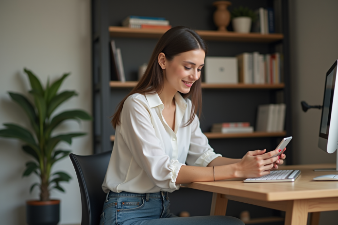 femme-ordinateur-bureau-home Jeune femme souriante utilisant son smartphone dans un bureau cosy