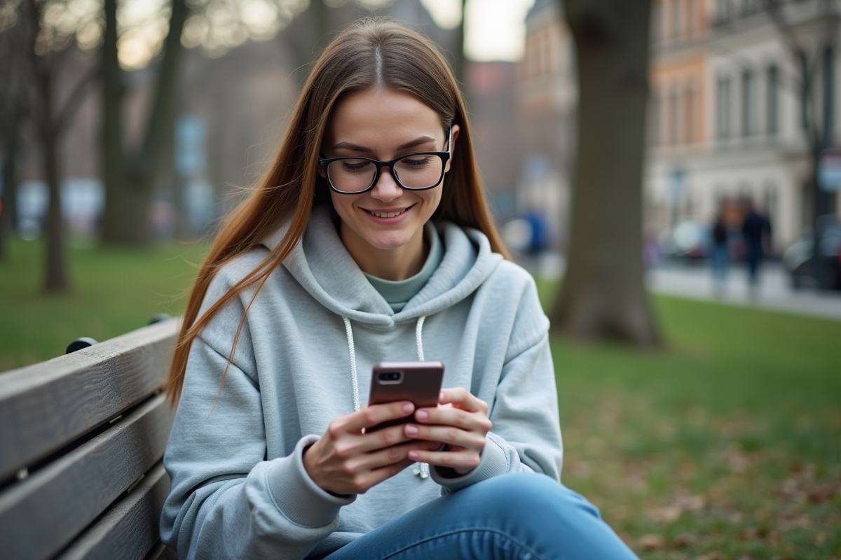 Femme dans un parc utilisant son smartphone avec onglet incognito