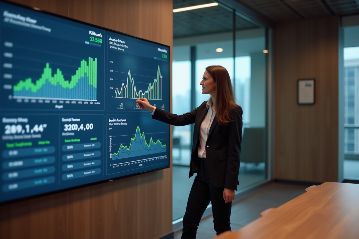 Femme en costume expliquant un tableau de bord analytique