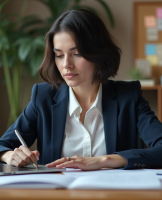 Jeune femme professionnelle tapant des mots clés sur un ordinateur