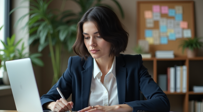 Jeune femme professionnelle tapant des mots clés sur un ordinateur