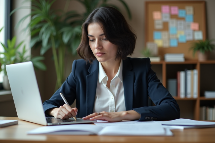 femme-professionnelle-bureau Jeune femme professionnelle tapant des mots clés sur un ordinateur