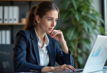 Jeune femme professionnelle examine des graphiques au bureau
