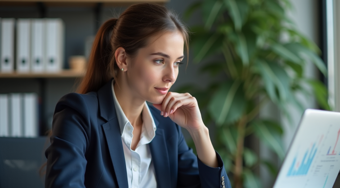 Jeune femme professionnelle examine des graphiques au bureau