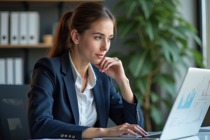 femme-professionnelle-graphes-bureau Jeune femme professionnelle examine des graphiques au bureau