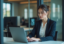 Femme professionnelle concentrée sur son ordinateur au bureau