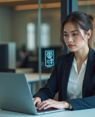 Femme professionnelle concentrée sur son ordinateur au bureau