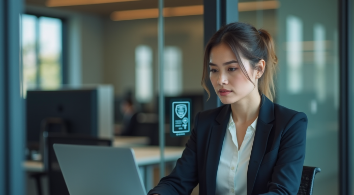 Femme professionnelle concentrée sur son ordinateur au bureau