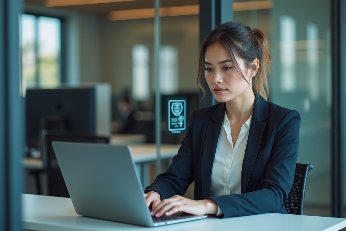 Femme professionnelle concentrée sur son ordinateur au bureau
