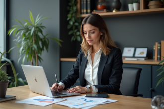 Femme d affaires utilisant un ordinateur dans un bureau moderne
