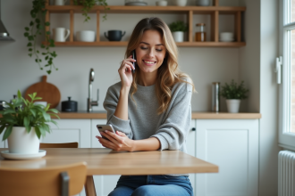Femme détendue parlant dans sa cuisine moderne