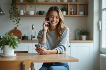 Femme détendue parlant dans sa cuisine moderne