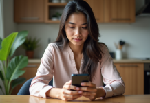 Intelligence artificielle pour Android : comprendre ses applications et enjeux Jeune femme sud-asiatique utilisant une appli AI sur son smartphone