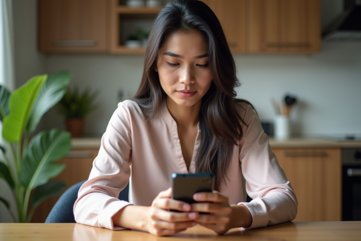 Jeune femme sud-asiatique utilisant une appli AI sur son smartphone
