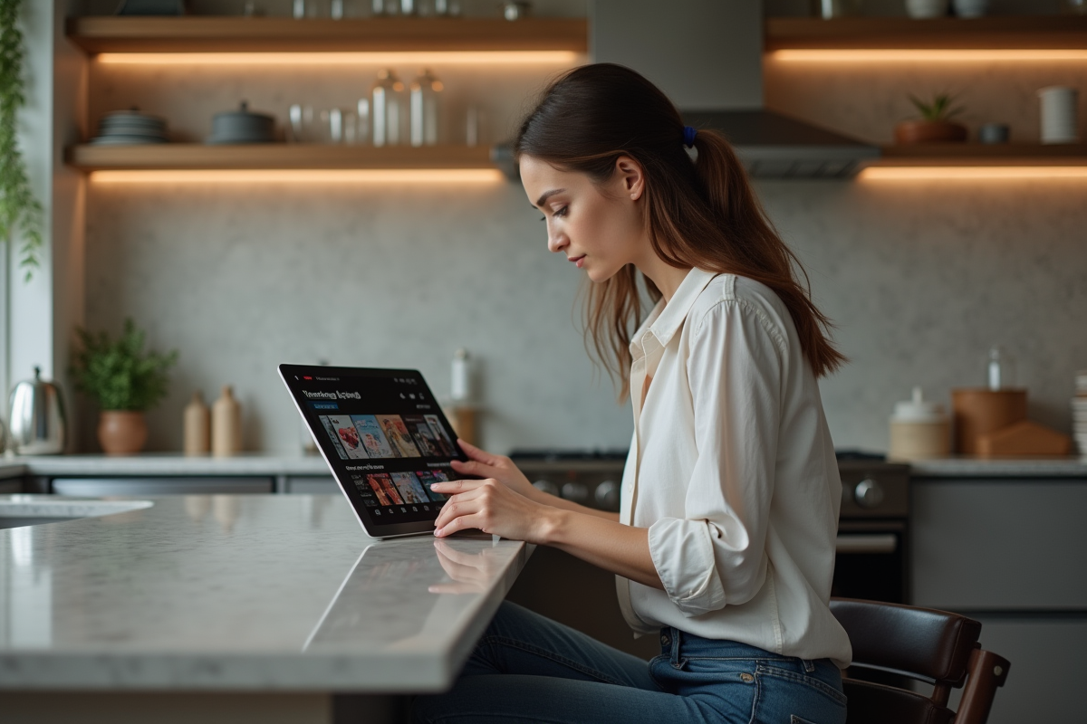 Jeune femme utilisant une tablette pour choisir une série Netflix