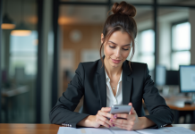 Femme en business testant un site mobile au bureau