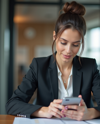 Femme en business testant un site mobile au bureau