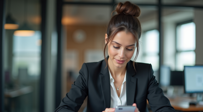 Femme en business testant un site mobile au bureau