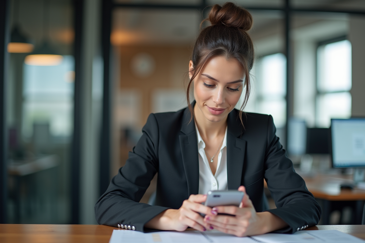 Femme en business testant un site mobile au bureau