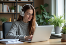 Femme avec casque transcrivant audio sur ordinateur dans un bureau