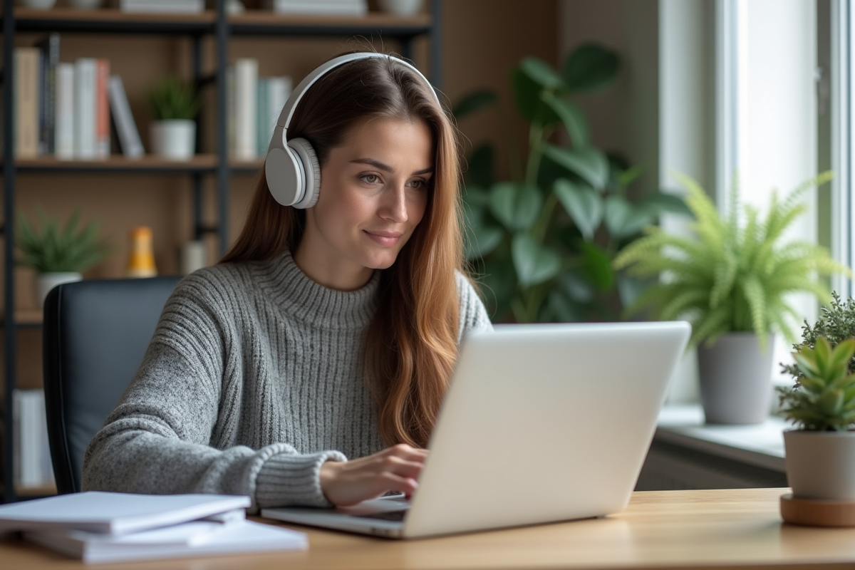 Femme avec casque transcrivant audio sur ordinateur dans un bureau