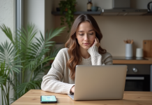Femme assise à la cuisine avec ordinateur et téléphone