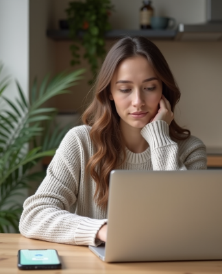 Femme assise à la cuisine avec ordinateur et téléphone