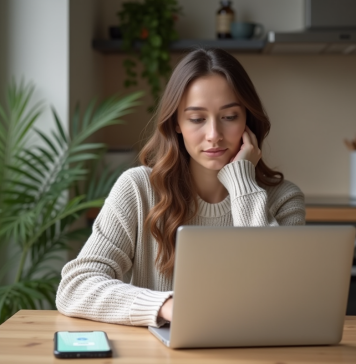 Compte Google : différence avec un e-mail, avantages et fonctionnalités à connaître ! Femme assise à la cuisine avec ordinateur et téléphone