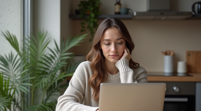 Femme assise à la cuisine avec ordinateur et téléphone
