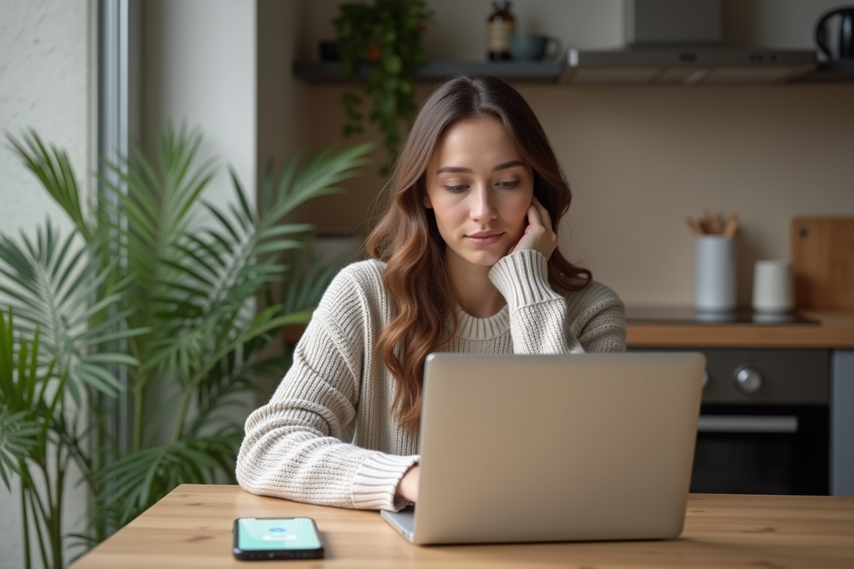 Femme assise à la cuisine avec ordinateur et téléphone