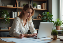 Créer une boutique en ligne : quel budget prévoir ? Jeune femme au bureau à domicile planifiant sa boutique en ligne