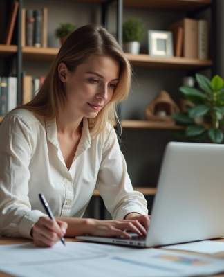 Jeune femme au bureau à domicile planifiant sa boutique en ligne