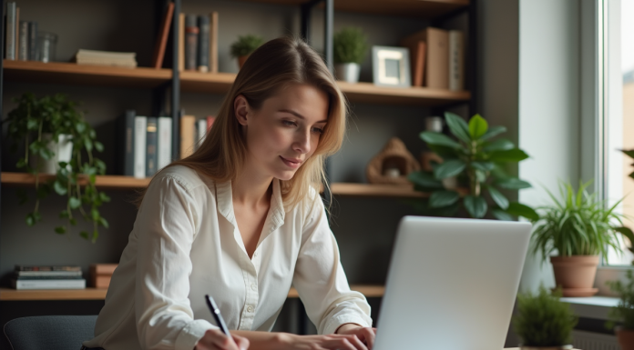 Jeune femme au bureau à domicile planifiant sa boutique en ligne