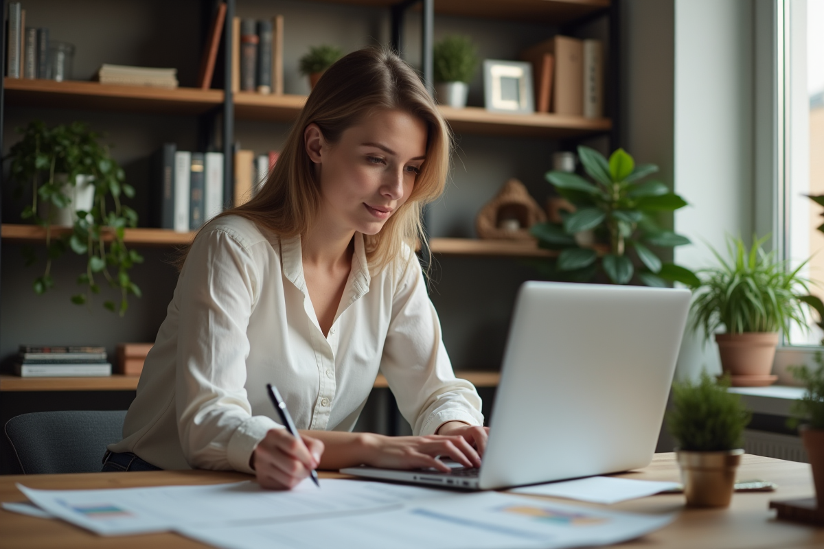 Jeune femme au bureau à domicile planifiant sa boutique en ligne