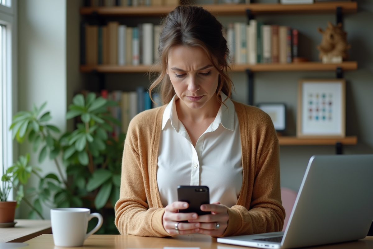 Femme en télétravail utilisant son smartphone dans un bureau