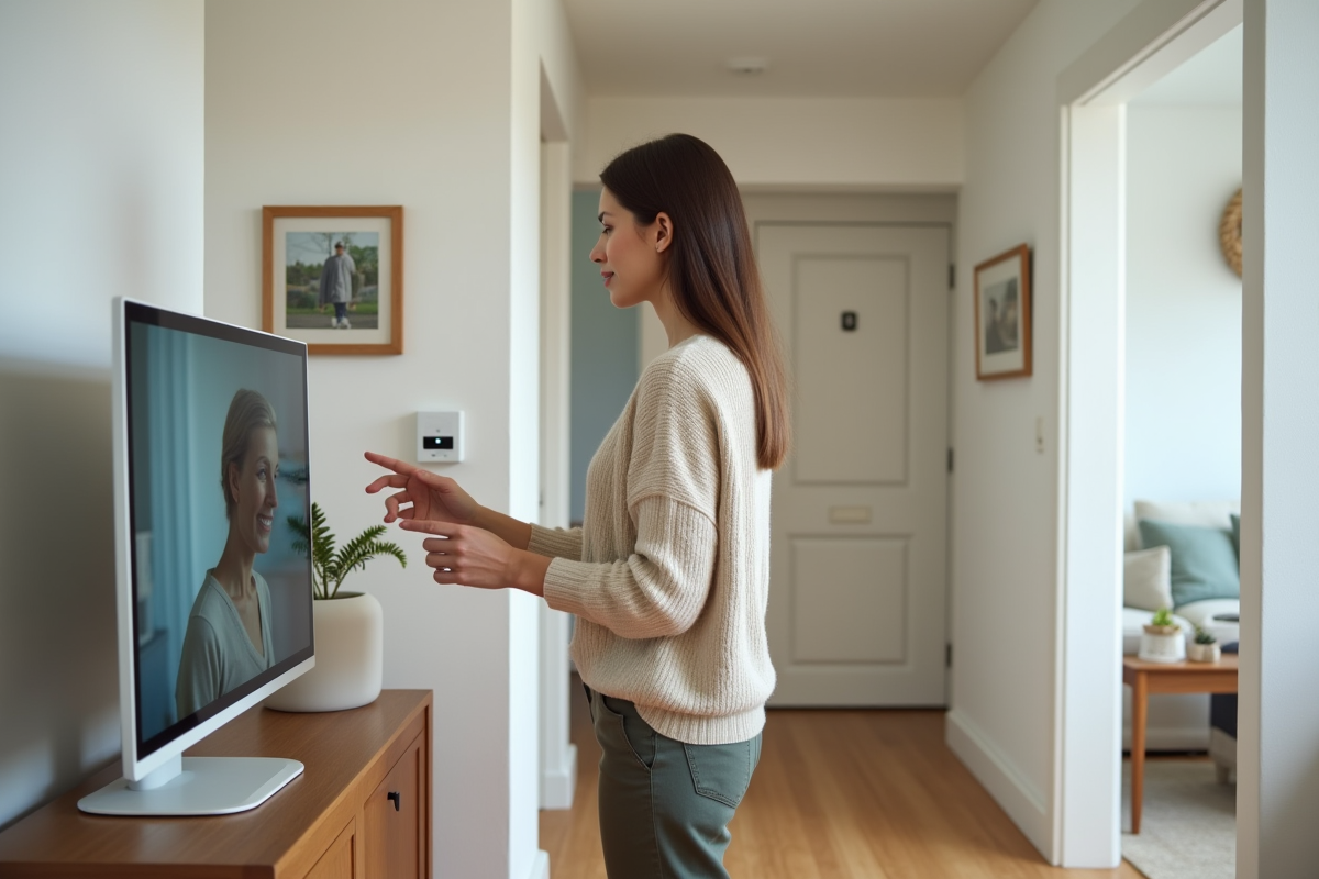 Femme regardant un moniteur de sécurité dans un salon moderne