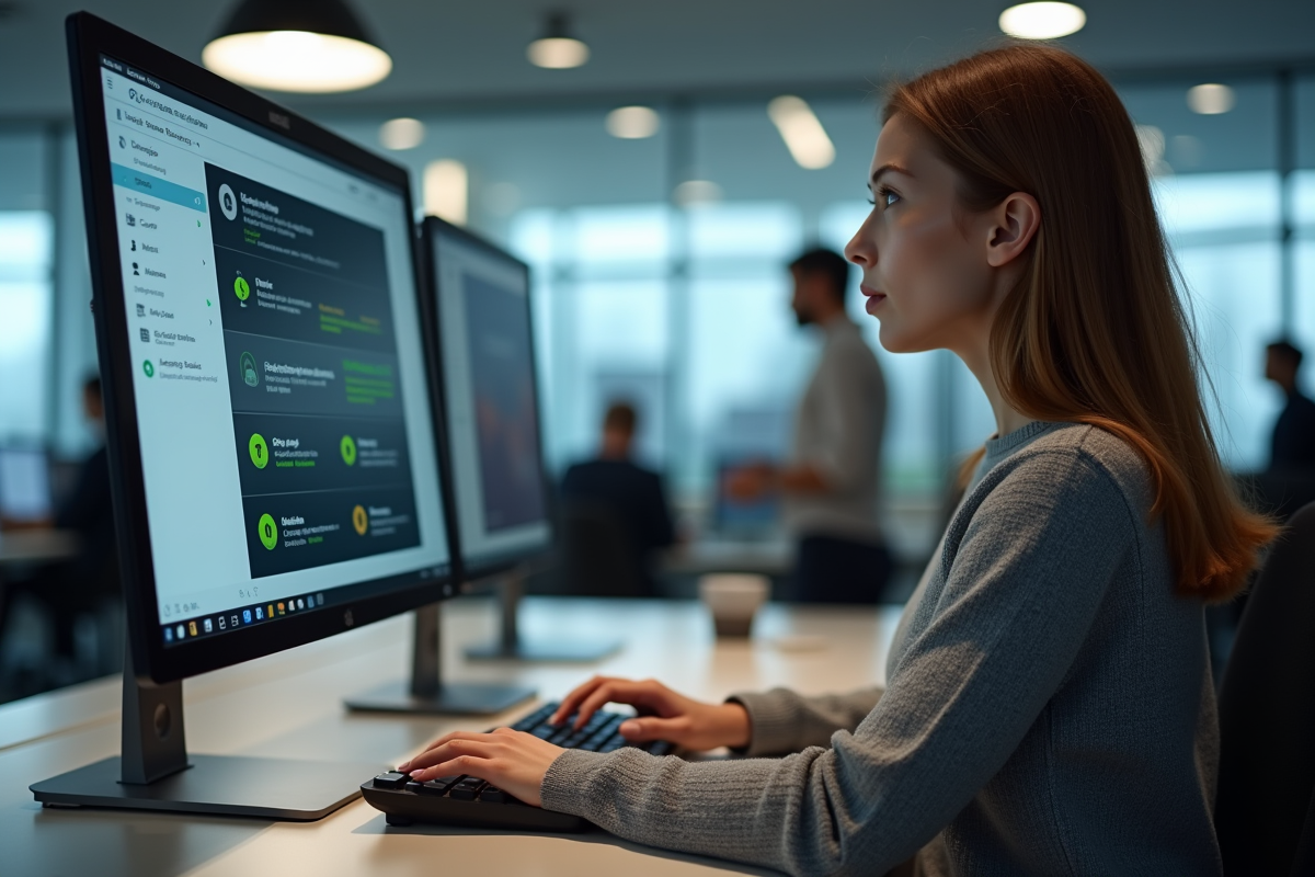 Jeune femme surveillant un tableau de bord de securite informatique