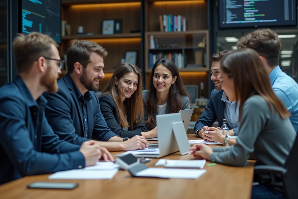 Groupe de chercheurs en informatique collaborant dans un bureau moderne
