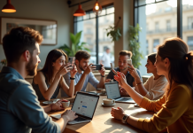 Groupe de personnes prenant des photos dans un café lumineux