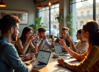 Utiliser UGC : stratégies et bonnes pratiques pour optimiser votre contenu en ligne Groupe de personnes prenant des photos dans un café lumineux
