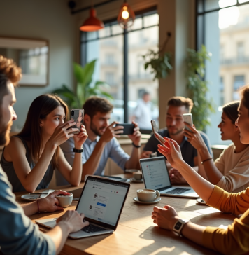 Groupe de personnes prenant des photos dans un café lumineux