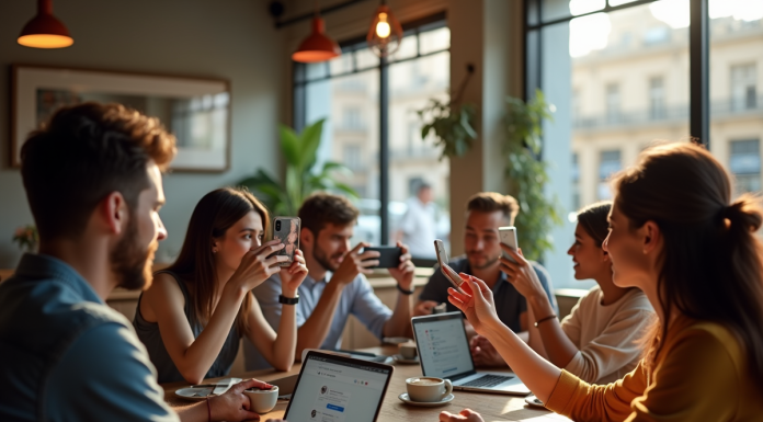 Groupe de personnes prenant des photos dans un café lumineux