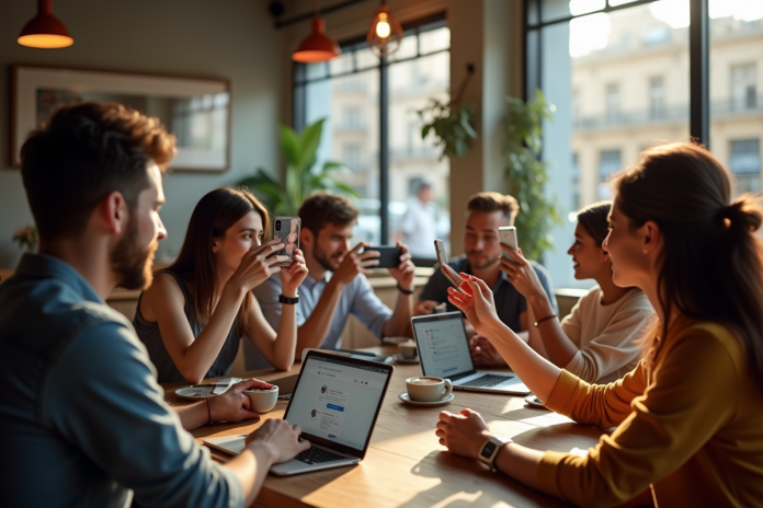 groupe-people-smartphones-cafe Groupe de personnes prenant des photos dans un café lumineux
