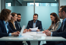 Groupe de professionnels autour d'une table en réunion sur la sécurité des données