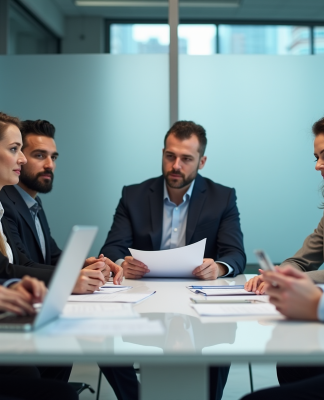 Groupe de professionnels autour d'une table en réunion sur la sécurité des données