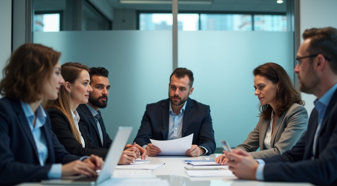 Groupe de professionnels autour d'une table en réunion sur la sécurité des données