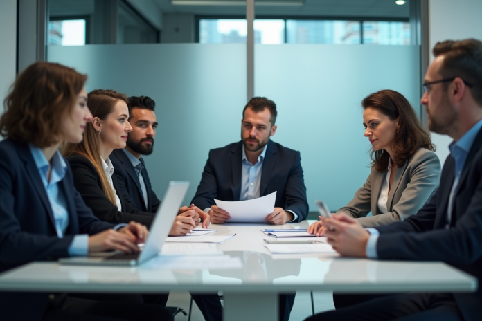 Groupe de professionnels autour d'une table en réunion sur la sécurité des données